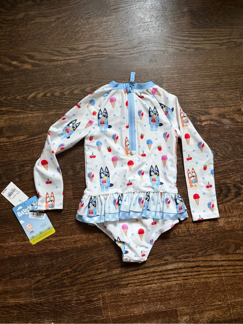 Disney Bluey Toddler Girls' Long-Sleeve Ruffle Rash Guard Swimsuit - 2T
